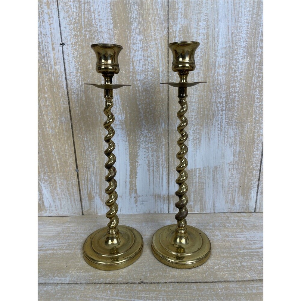 2 Ethan Allen 10.5" Brass Barley Twisted Pattern Candlesticks